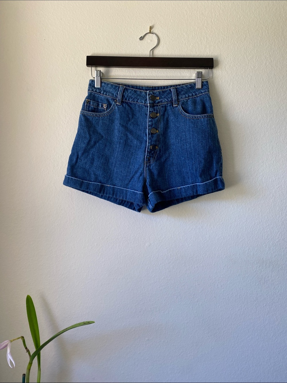 BDG Dark Blue High Rise Button-Front Jean Shorts